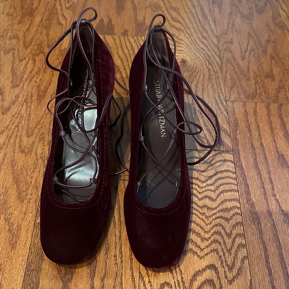 NWOT Stuart Weitzman Burgundy Velvet Lace-Up Heels.